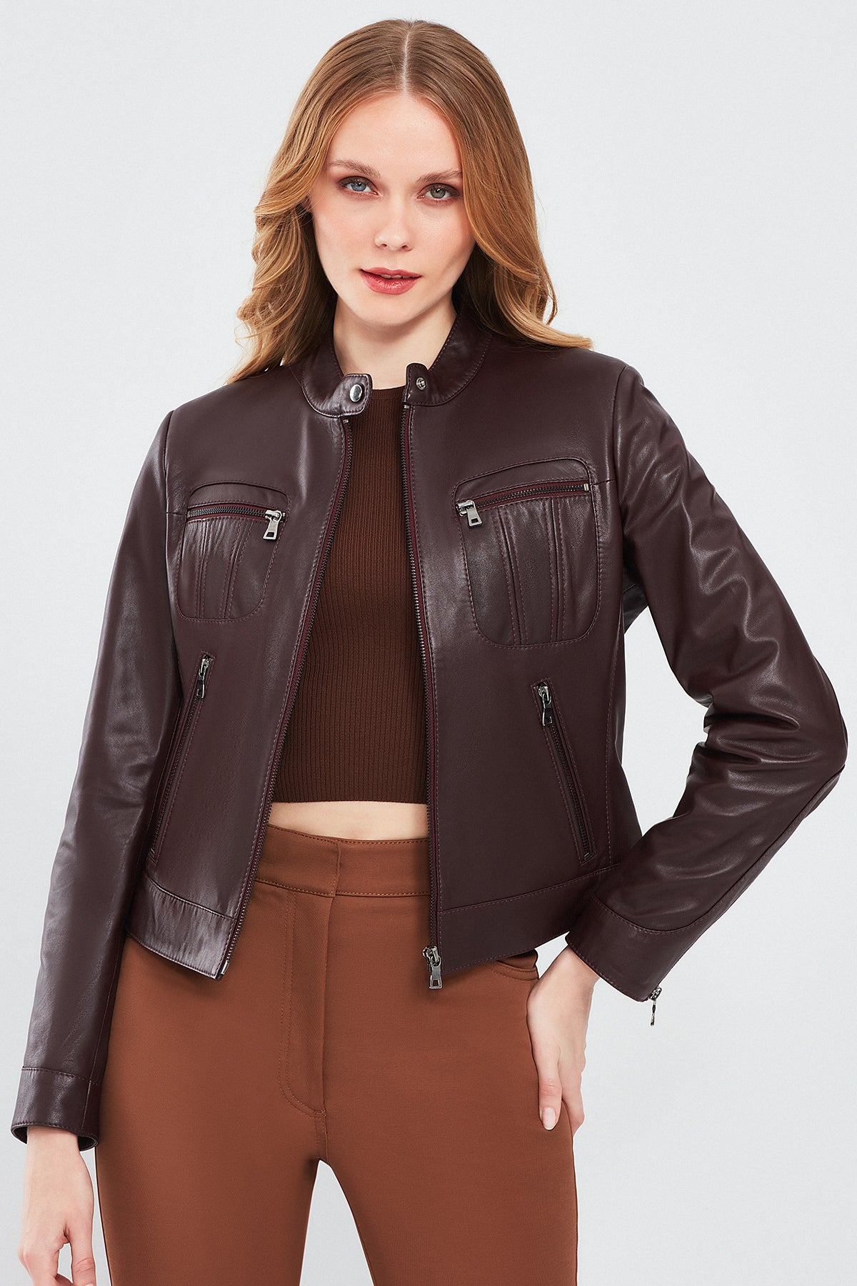 Alison Women's Claret Red Short Leather Jacket 24SGE5176R3 | Derimod