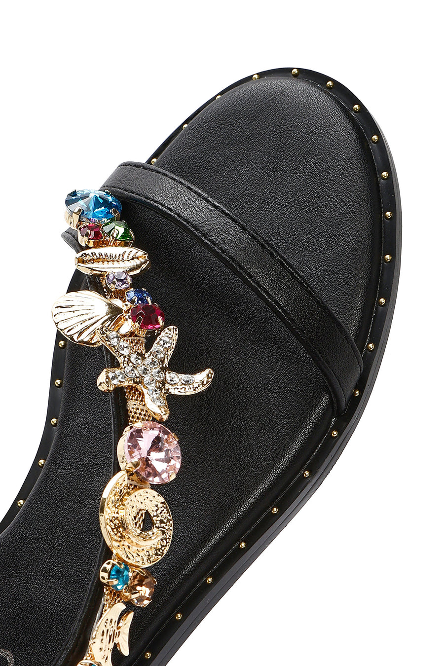 Women's Black Ankle Buckle Stoned Sandals
