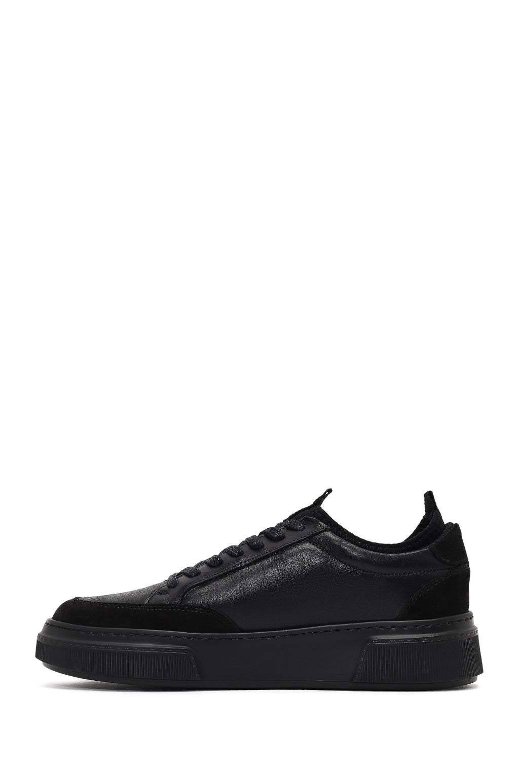 Erkek Siyah Bağcıklı Kalın Tabanlı Deri Sneaker