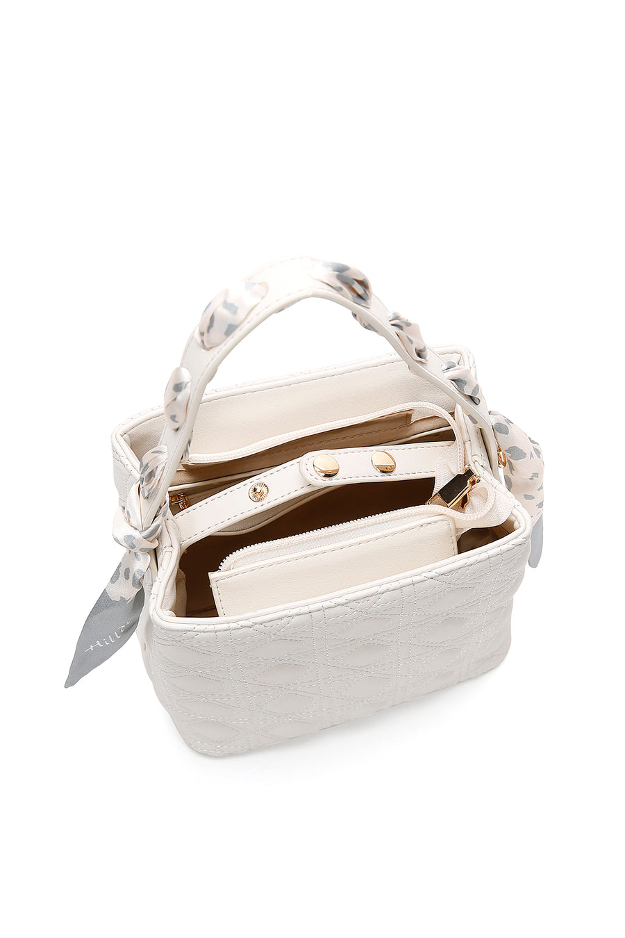 Women's Cream Long Strap Quilted Handbag with Accessory Detail