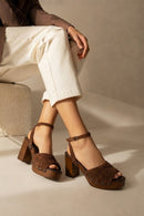 Woman Tan Ankle-Buckle Chunky-Heel Suede Sandal | Derimod