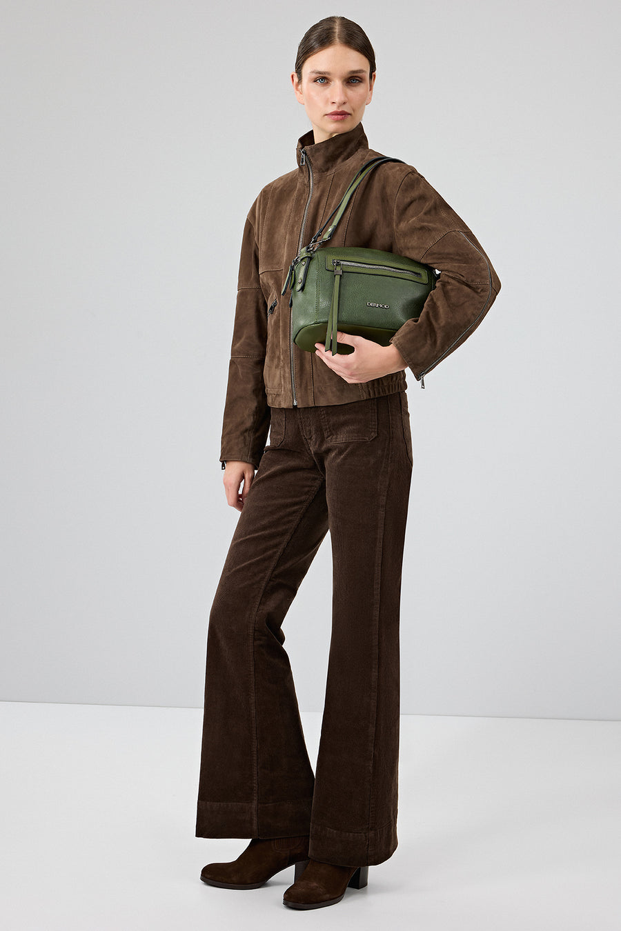 Gina Women's Brown Stand Collar Oversize Short Suede Leather Jacket