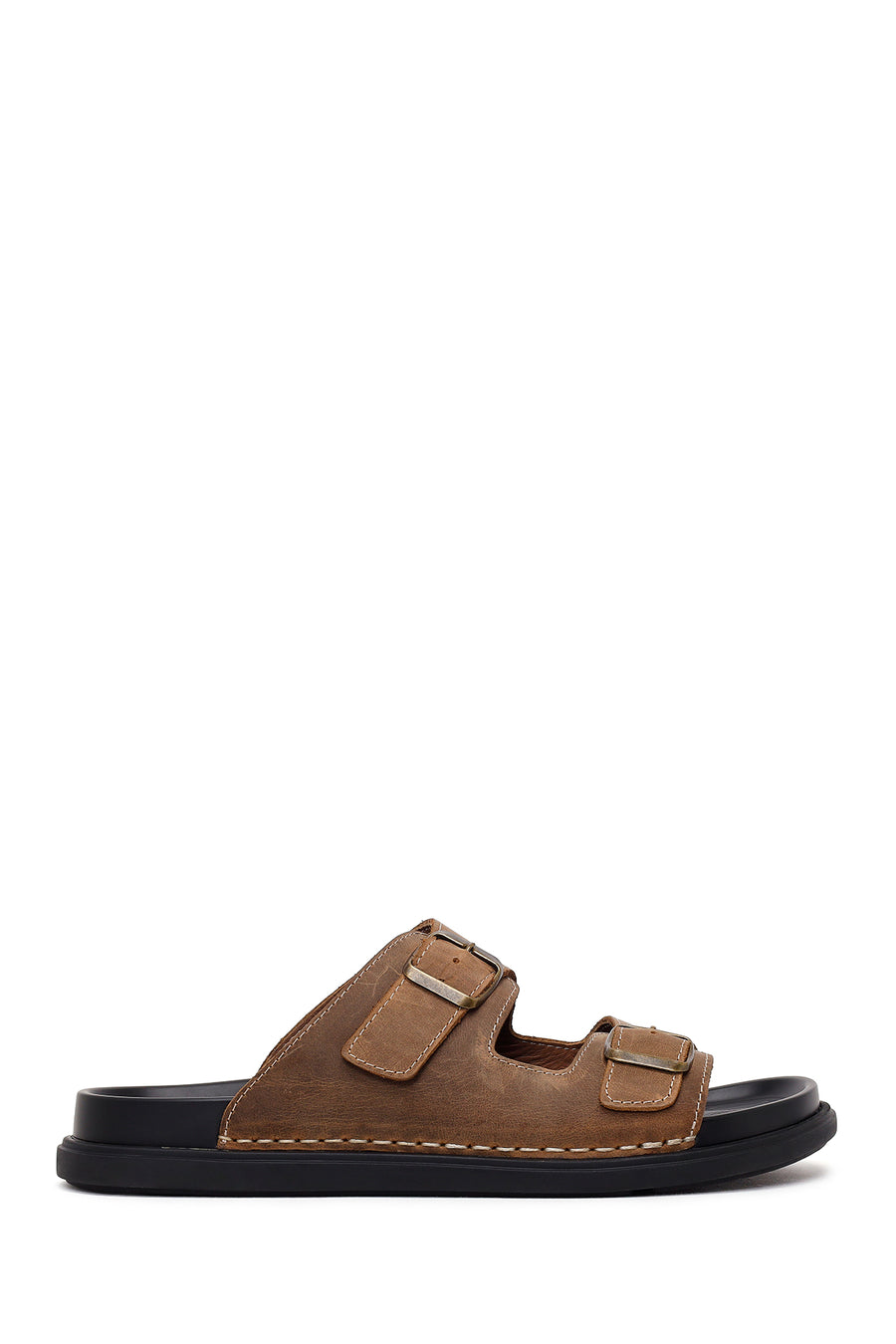 Male Beige Double-Buckle Nubuck Leather Slipper 26SFD6253V3 | Derimod