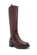 Women's Brown Zippered Low Heel Leather Boots | Derimod