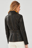 Mayfair Women's Brown Vintage Long Biker Leather Jacket | Derimod