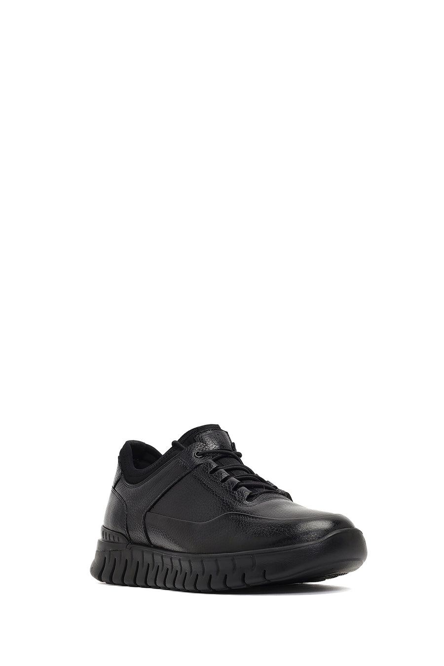 Erkek Siyah Bağcıklı Kalın Tabanlı Deri Casual Sneaker