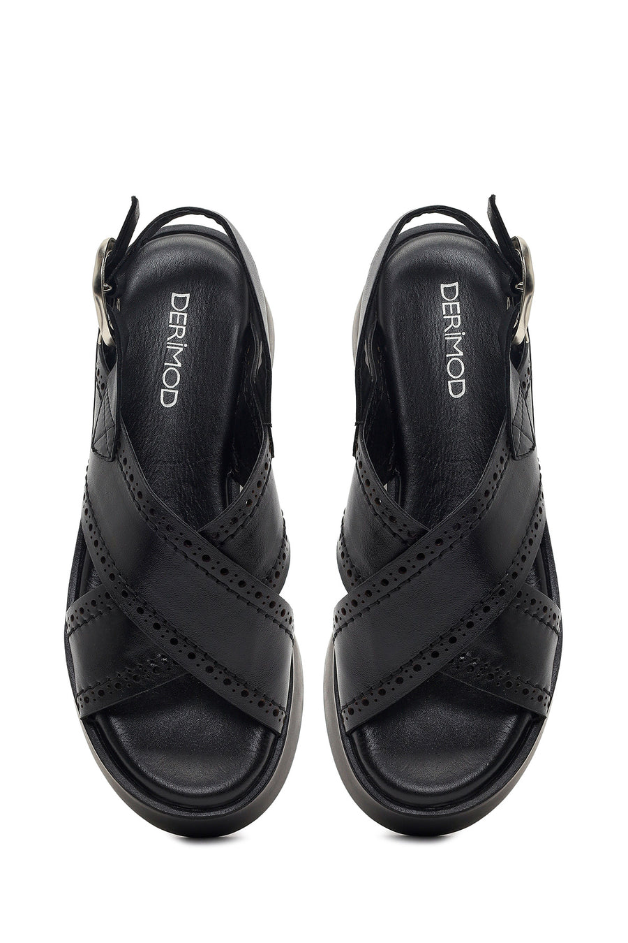 Women's Black Ankle Buckle Platform Wedge Leather Sandals