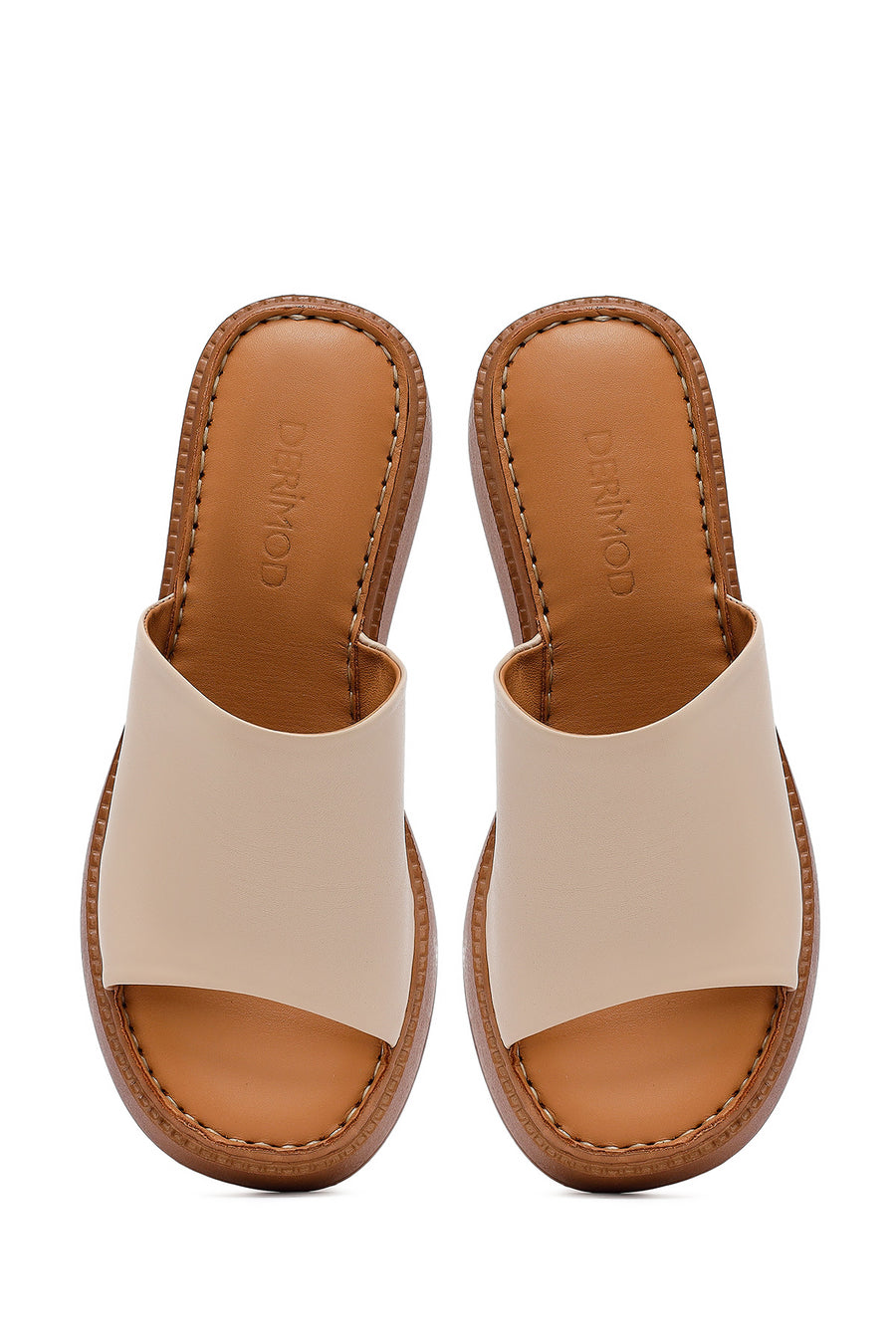 Woman Beige Thick Sole Leather Comfort Slippers