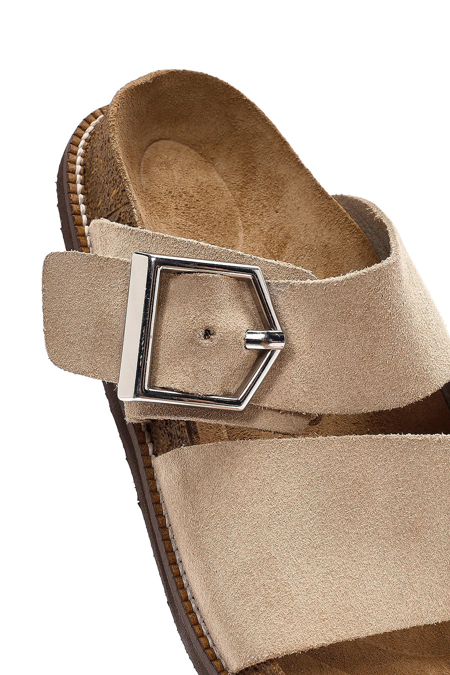 Women's Beige Buckle Suede Leather Slippers