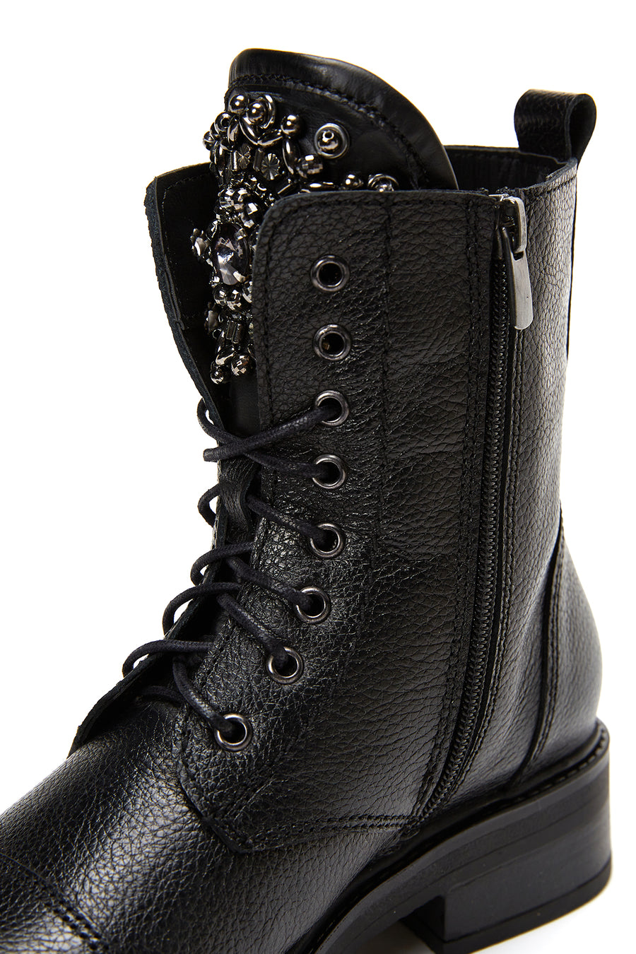 Women's Black Leather Zippered Stone Flat Boots