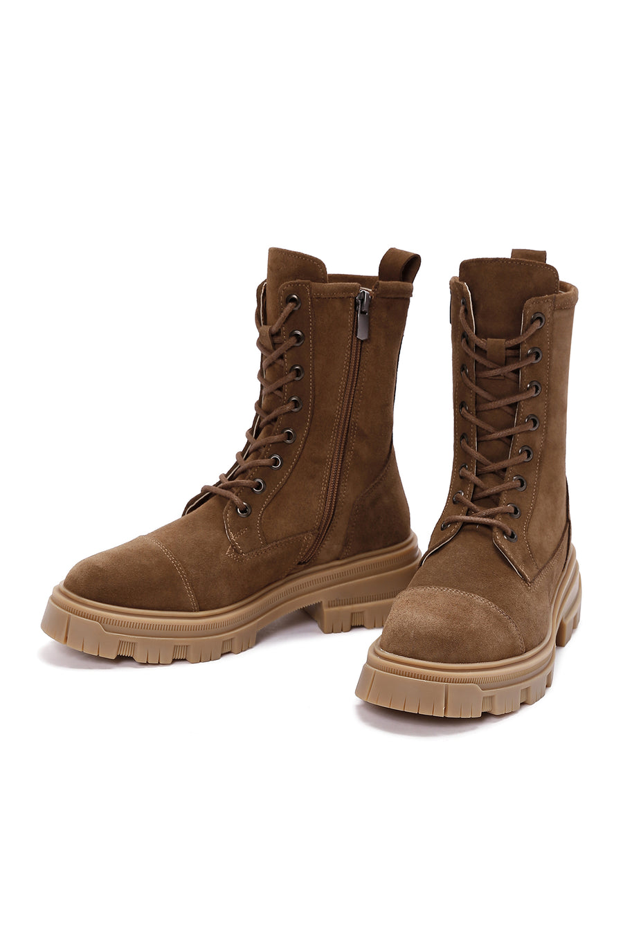 Women's Tan Thick Soled Zippered Suede Leather Boots