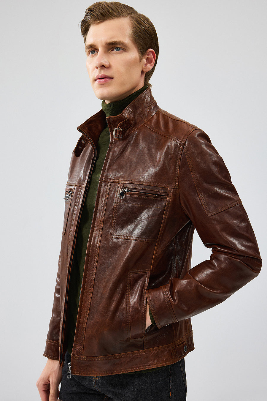 Wade Men's Brown Slim-Fit Leather Jacket