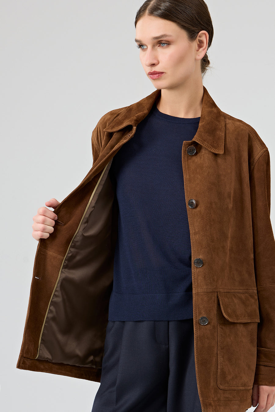 Petra Women's Brown Shirt Collar Oversize Suede Leather Jacket
