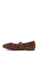 Woman Brown Strappy Studded Suede Leather Ballet Flat | Derimod