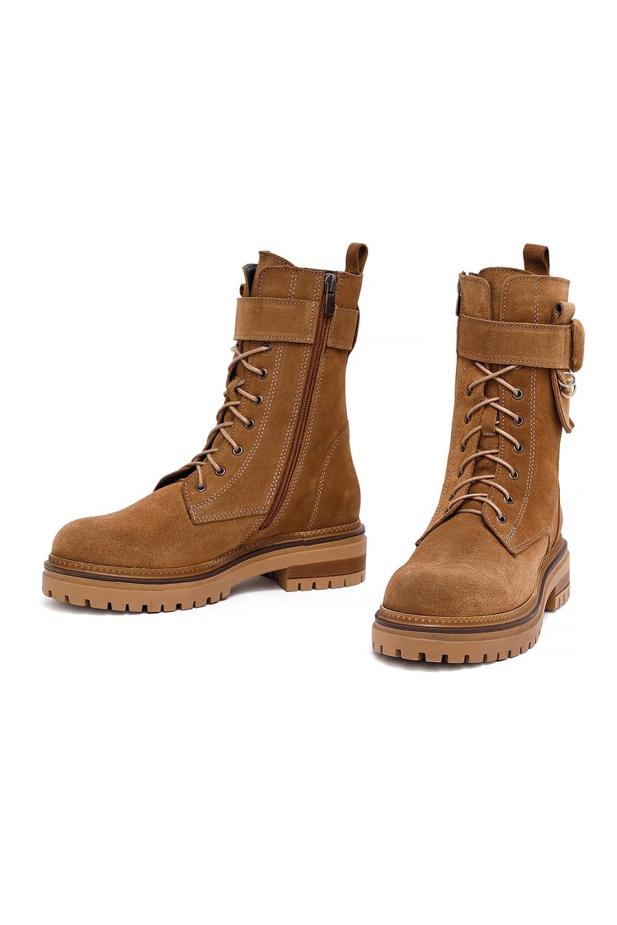 Woman Tan Zippered Suede Leather Boat