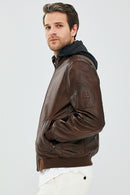 Garry Men's Cognac Hooded Leather Coat | Derimod