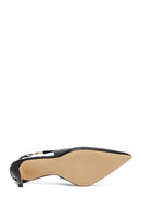 Woman Black Buckled Open Back Patterned Thin Heel Leather Shoe | Derimod