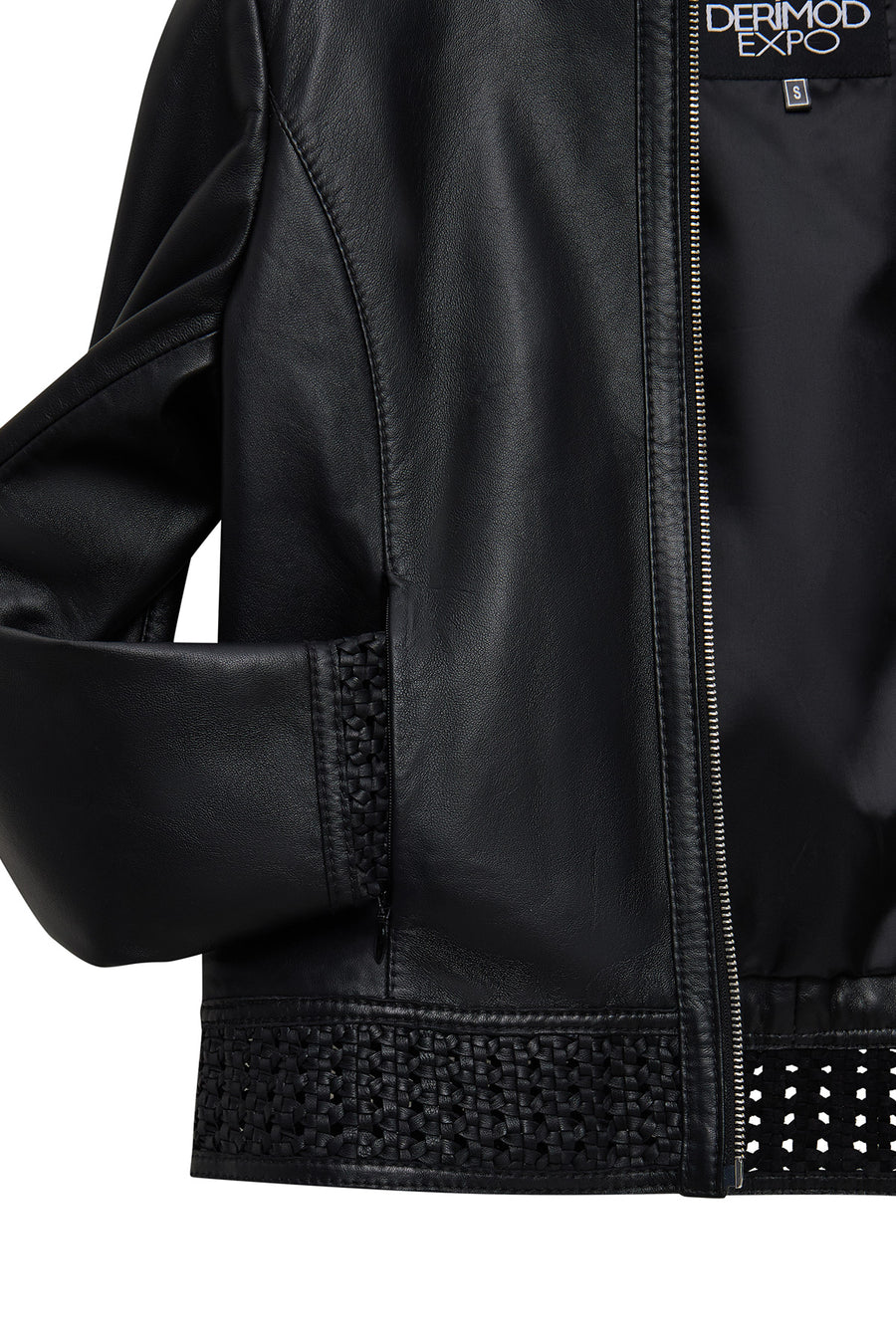 Becky Woman Black Short Leather Jacket with Woven Detail