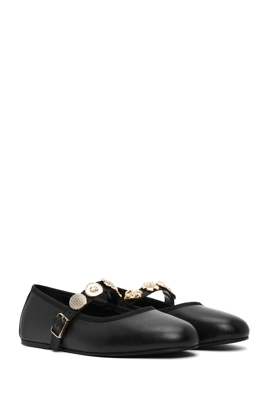 Women's Black Buckle Leather Ballerinas