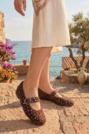 Woman Brown Strappy Studded Suede Leather Ballet Flat | Derimod