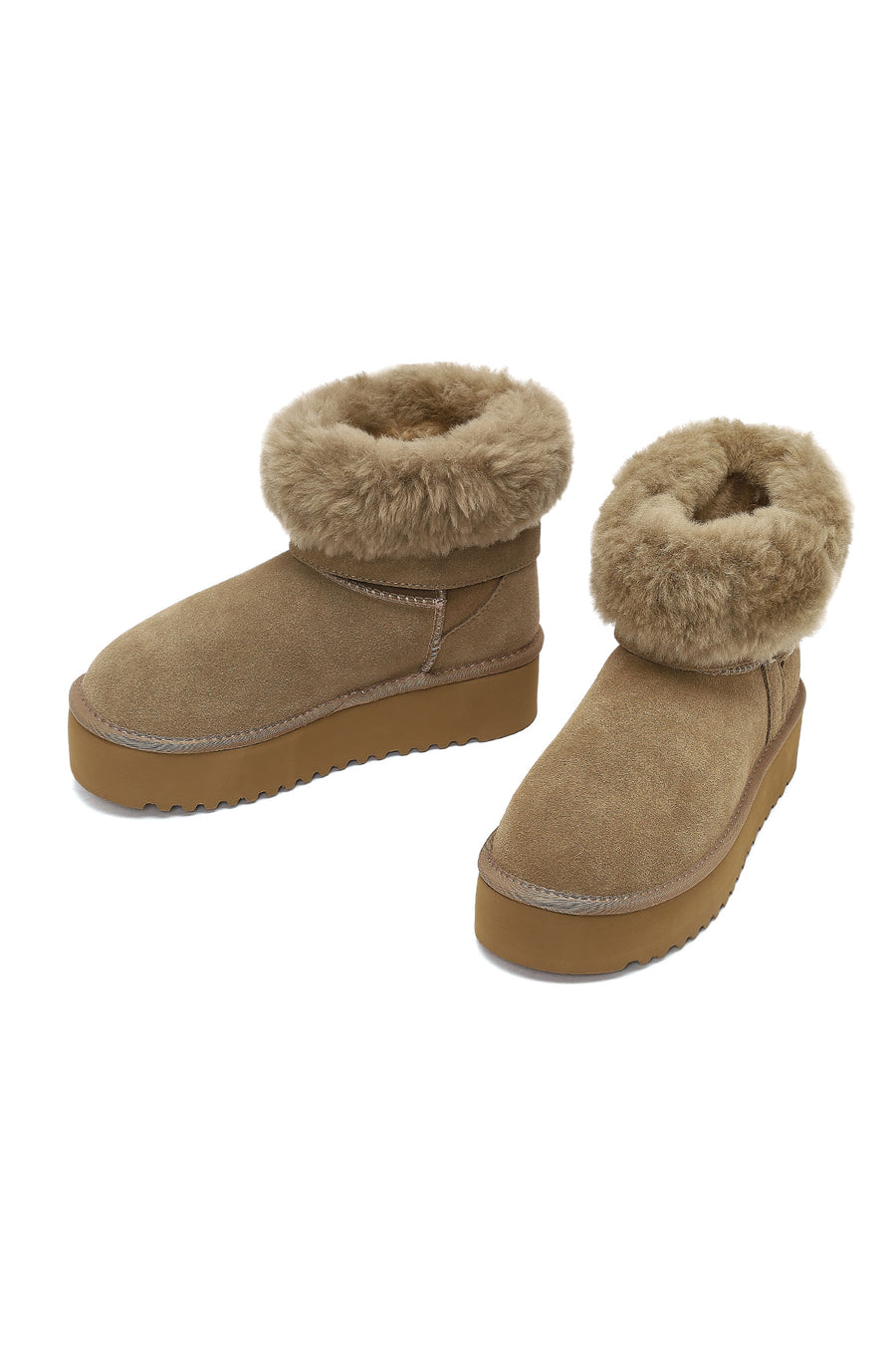 Women's Beige Thick-Soled Fur Detailed Suede Leather Teddy Boot