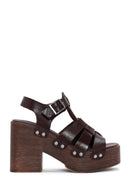 Women's Brown Thick Heeled Buckle Leather Sandals | Derimod