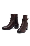 Woman Brown Zip Closure Chunky Heeled Leather Boots | Derimod