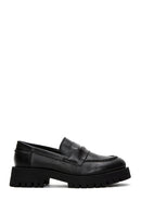 Women's Black Thick Soled Leather Masculine Loafer | Derimod