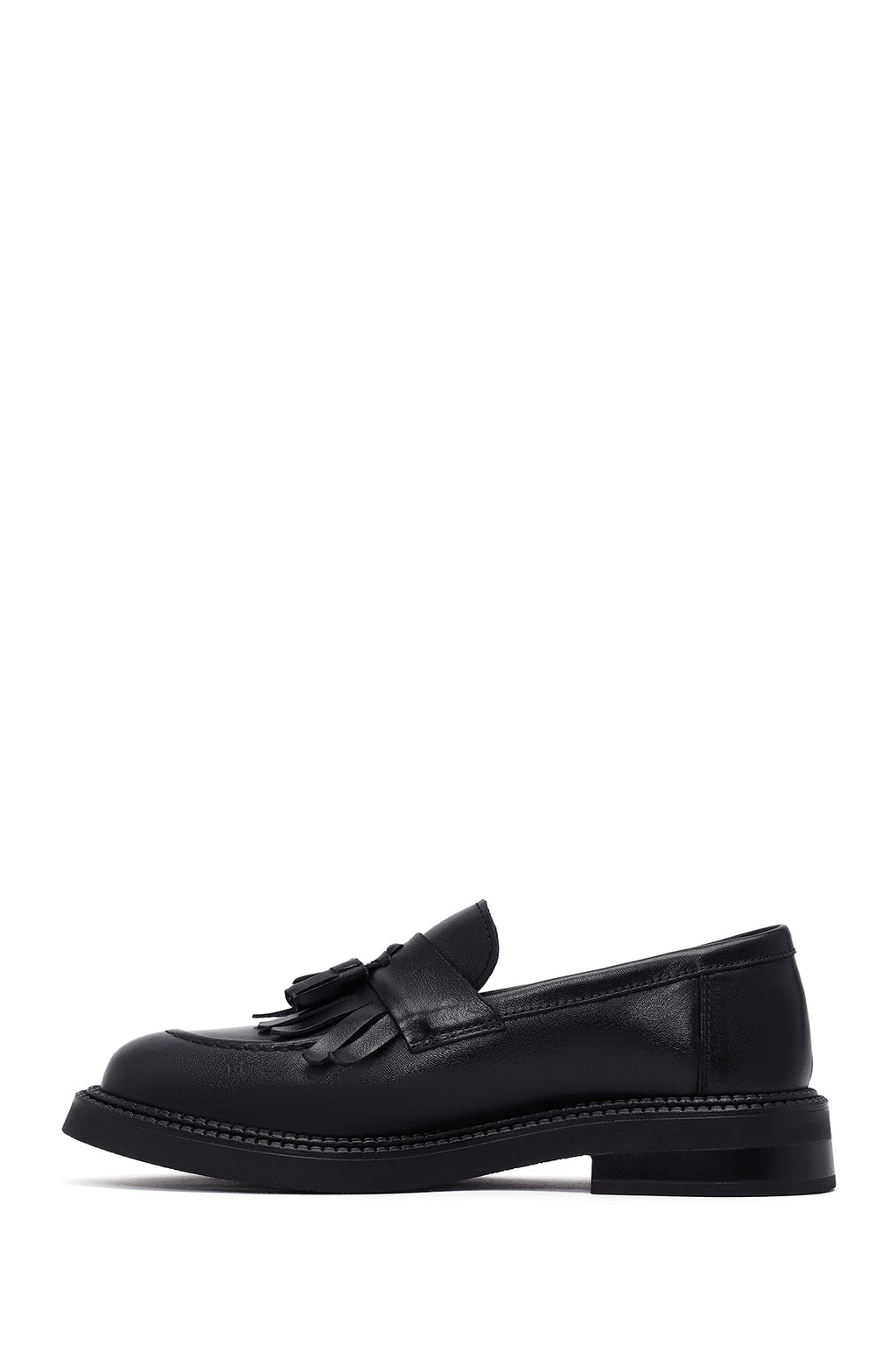 Kadın Siyah Püsküllü Deri Maskülen Loafer