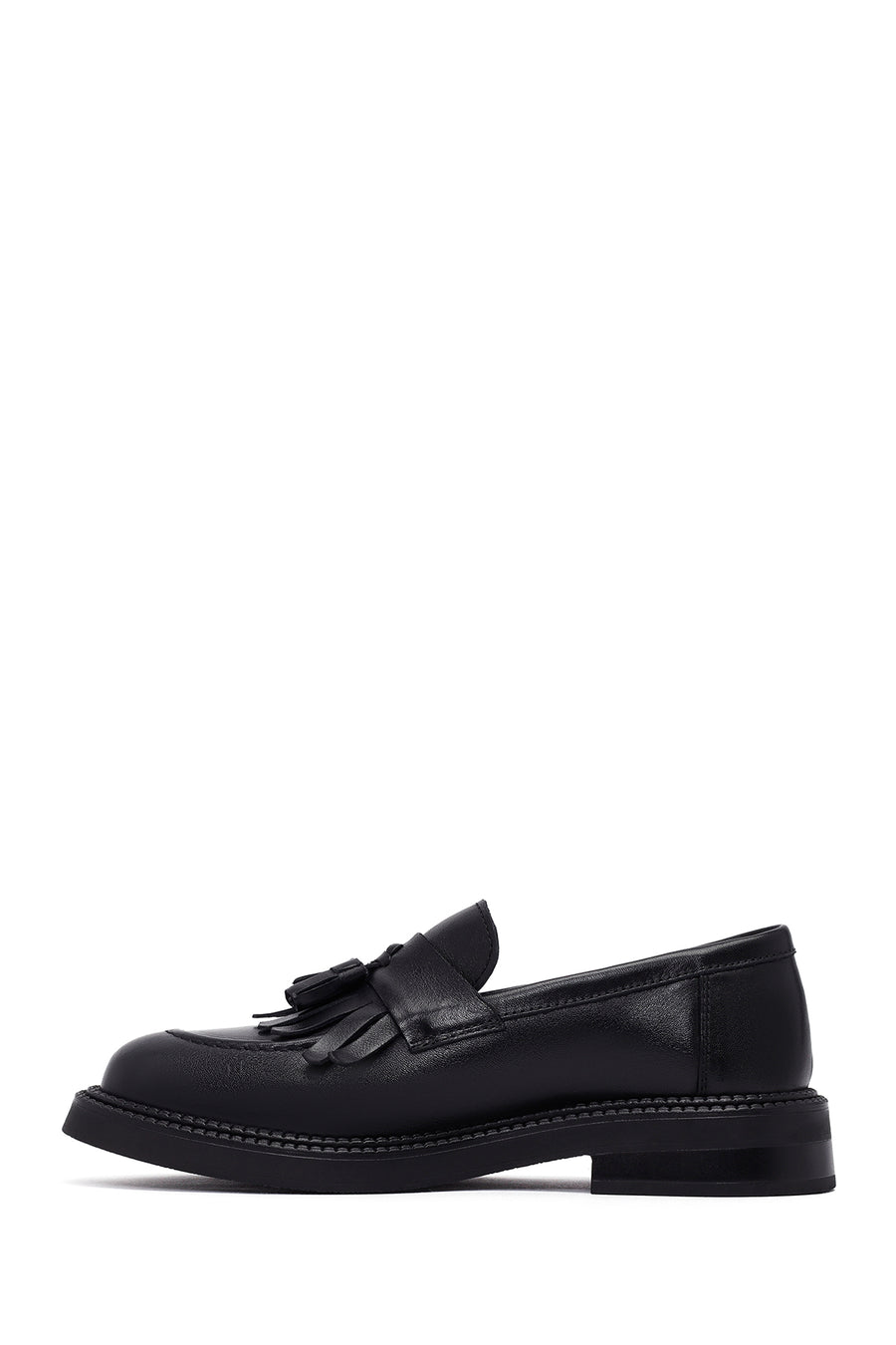 Woman Black Tasselled Leather Masculine Loafer