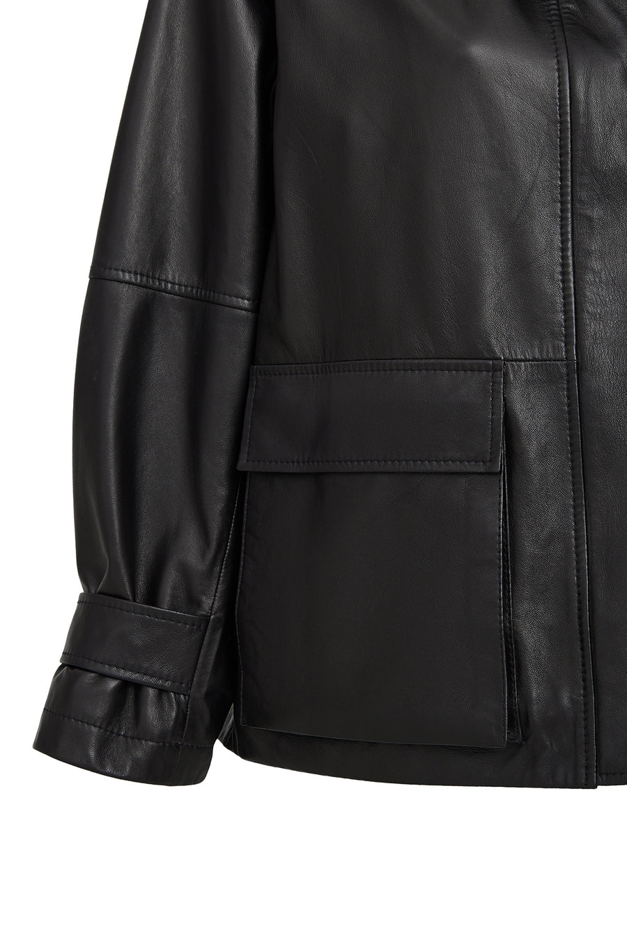 Fancy Women's Black Slant Collar Oversize Leather Coat