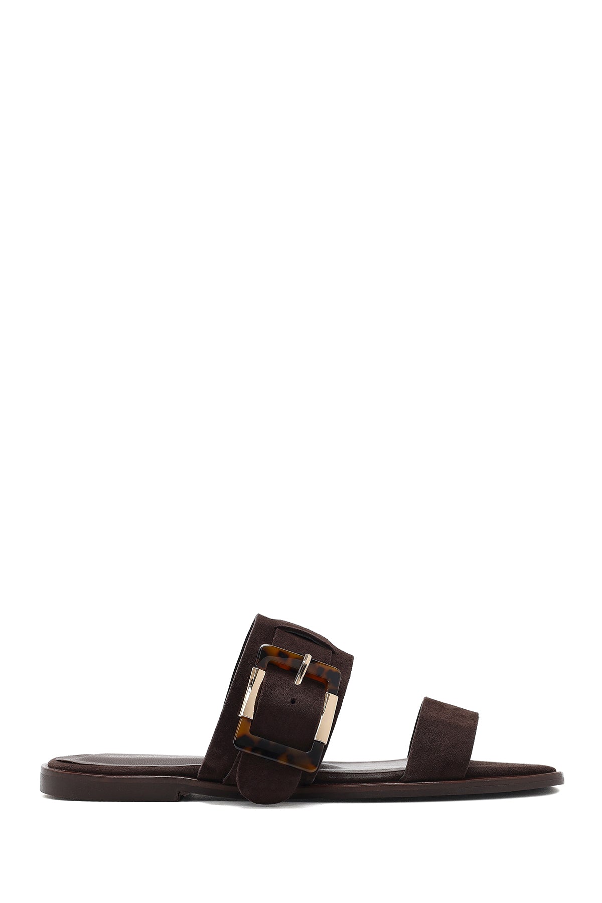 Women's Brown Buckled Suede Leather Slippers 25SFD160710 | Derimod