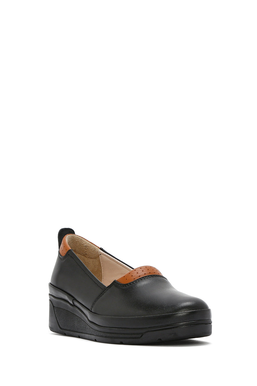 Women's Black Wedge Heel Leather Comfort Loafer