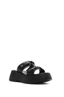 Women's Black Thick Soled Leather Slippers | Derimod