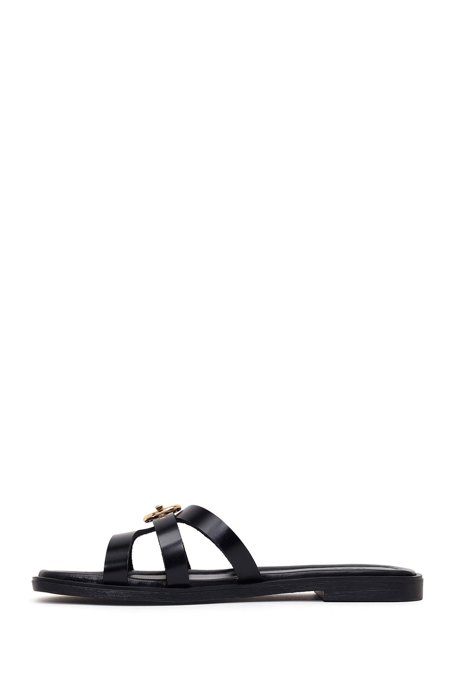 Woman Black Buckled Leather Slippers