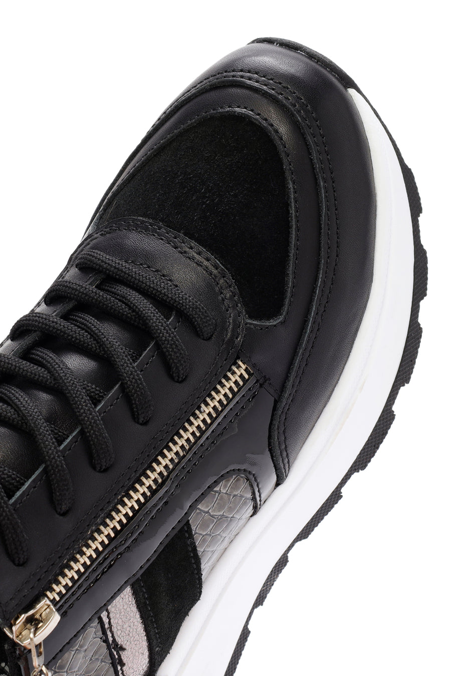 Kadın Siyah Kalın Tabanlı Fermuarlı Deri Sneaker