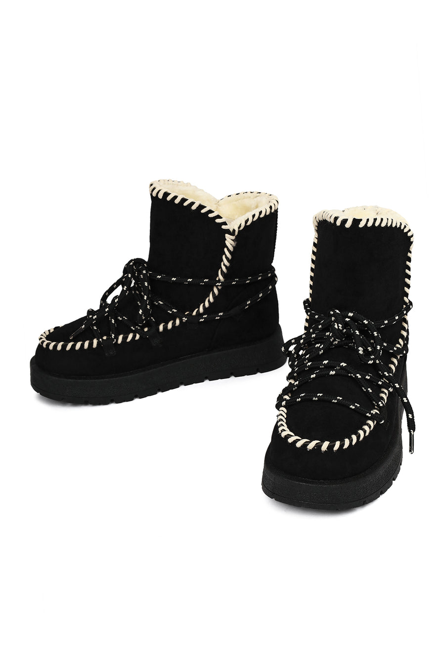 Woman Black Lace-Up Thick-Sole Suede Teddy Boots