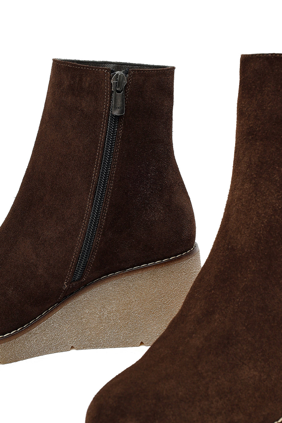 Woman Brown Zippered Wedge Heel Suede Leather Boat