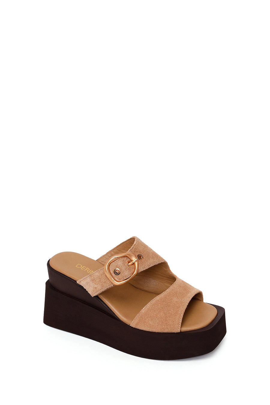Woman Beige Buckled Wedge Heel Suede Slipper