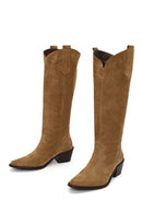 Woman Tan Chunky Heeled Suede Cowboy Boots | Derimod