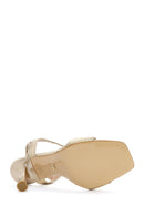 Women's Gold Metallic Patterned High Thin Heel Leather Sandals | Derimod