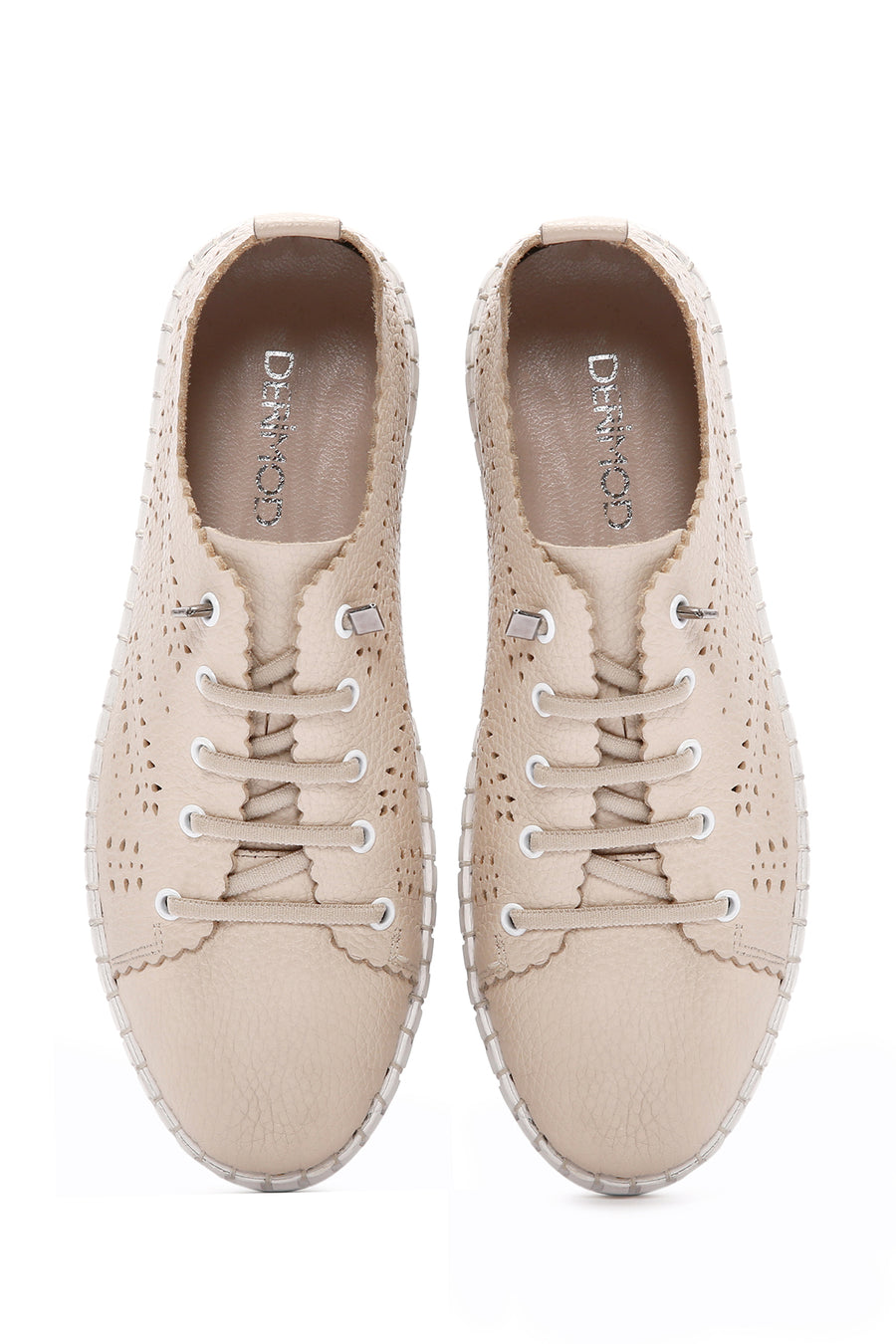 Woman Beige Laced Patterned Leather Comfort Shoes