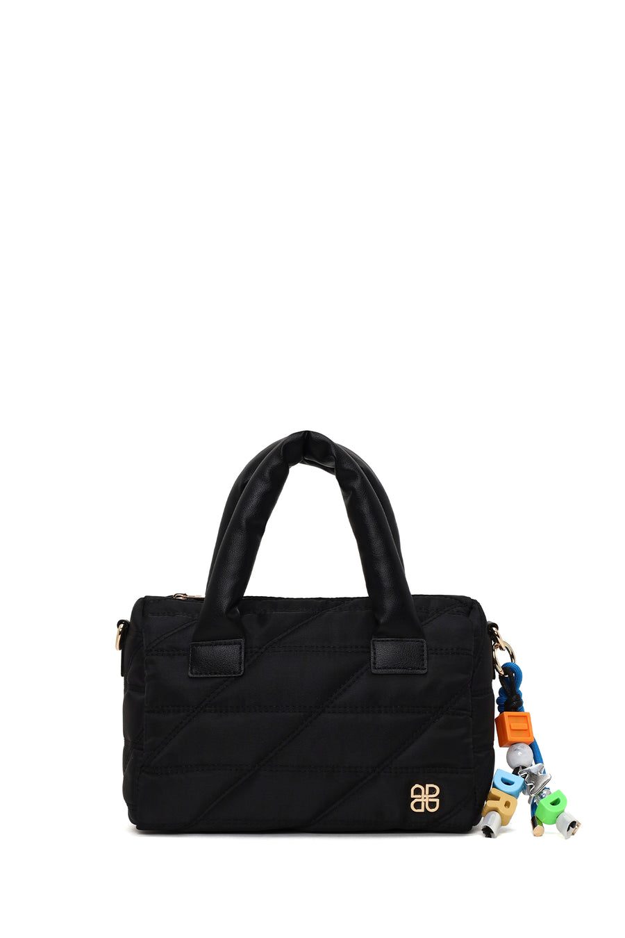Woman Black Long-Strap Charm Fabric Shoulder Bag