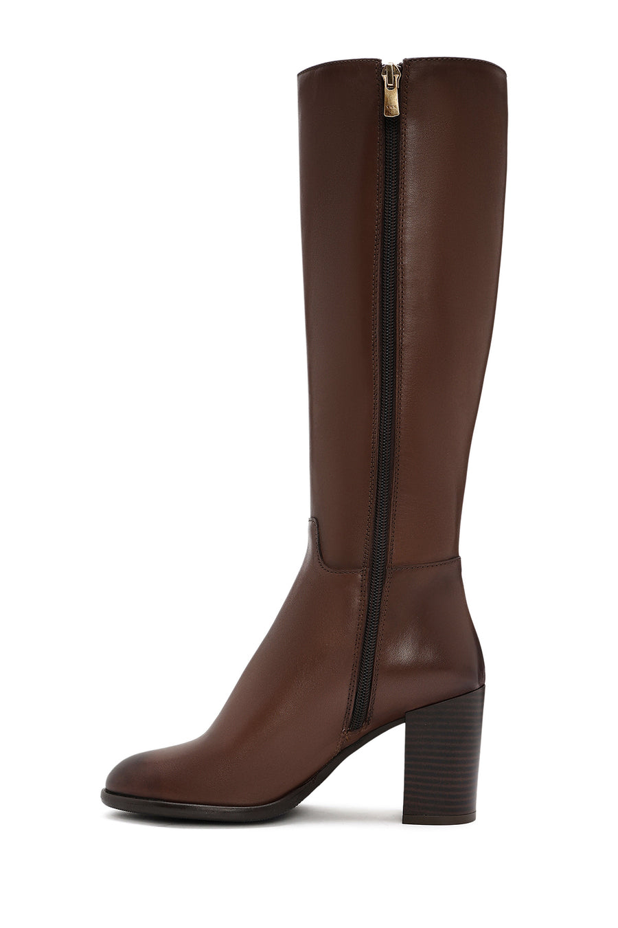 Woman Brown Zippered Chunky Heels Leather Boot