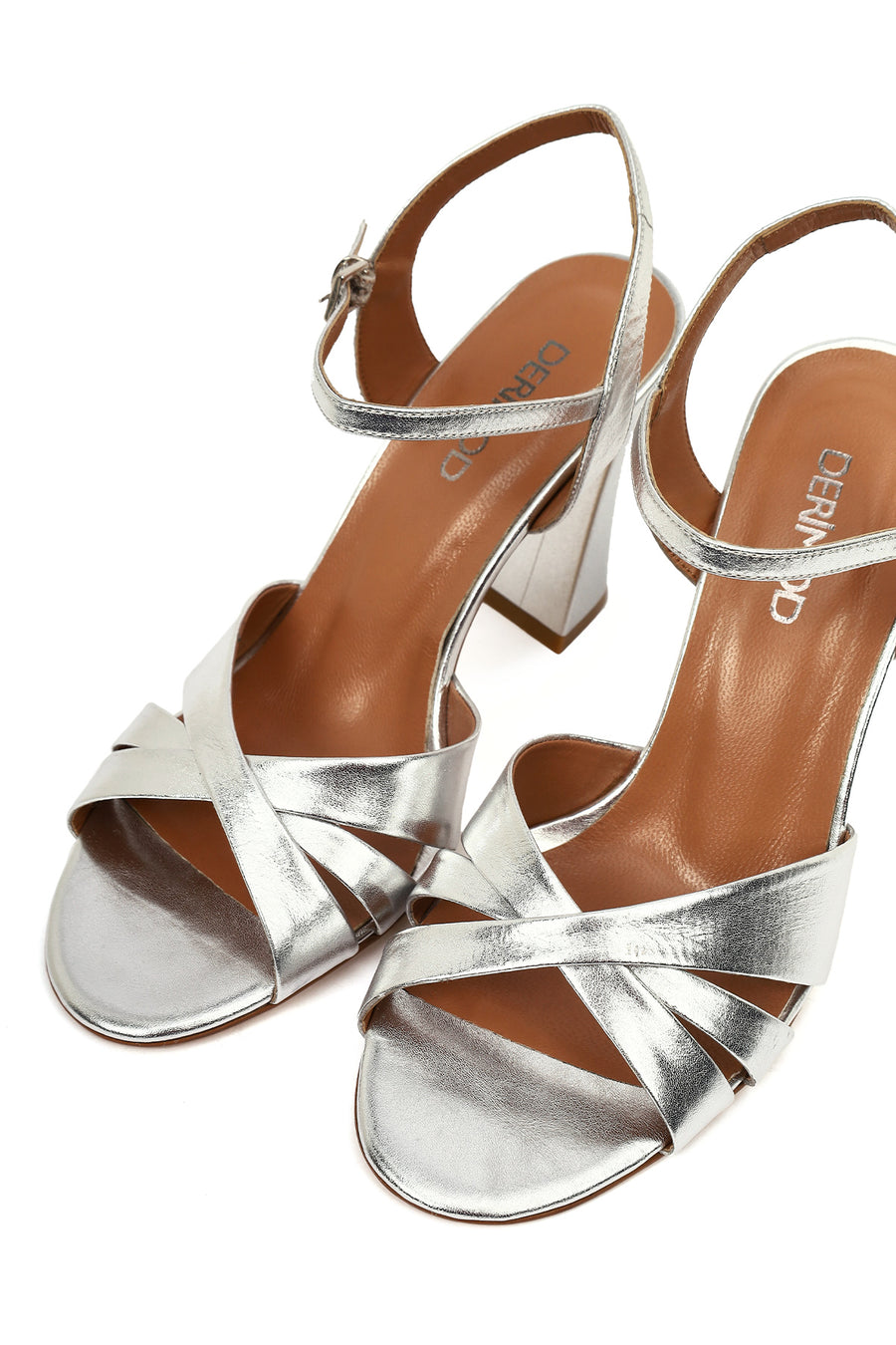 Women's Silver Ankle Buckle High Heel Metallic Leather Sandals