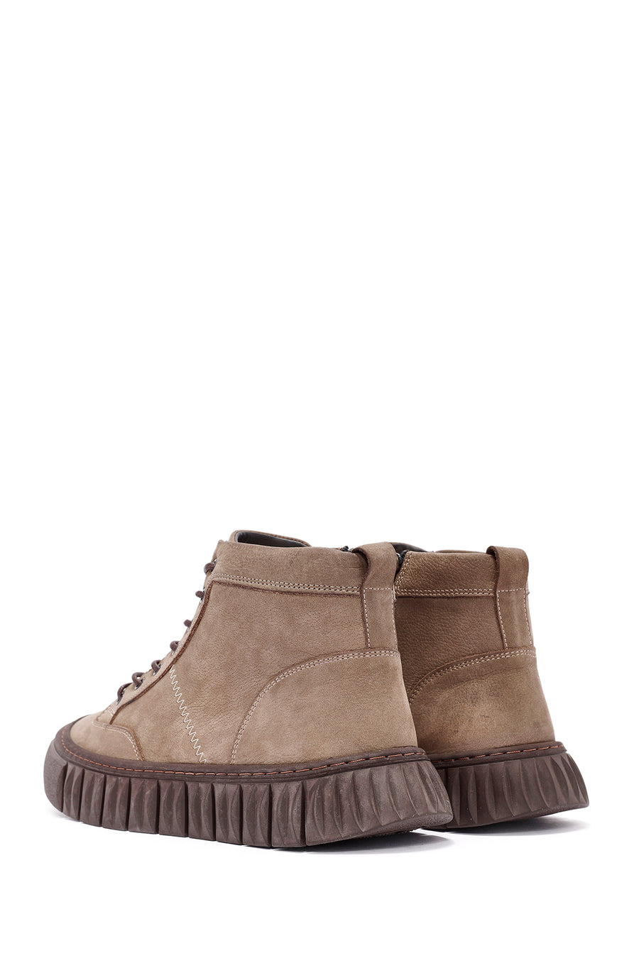 Men's Beige Zippered Lace-Up Nubuck Ankle Leather Boots