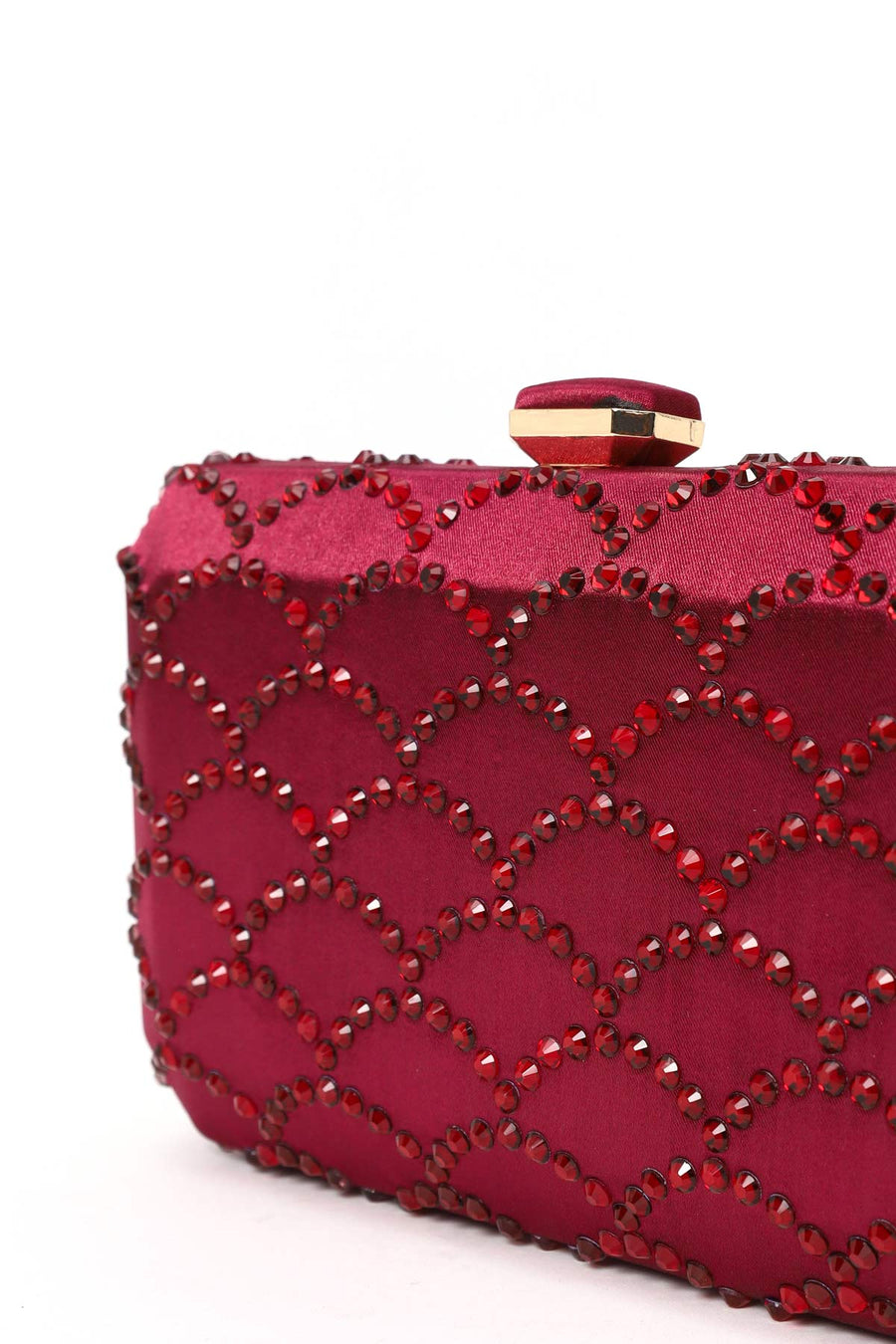 Woman Burgundy Long Chain Strap Stone-Embellished Mini Clutch Evening Bag