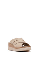 Woman Cream Wedge Heel Leather Comfort Slippers | Derimod