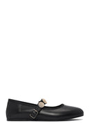 Women's Black Buckle Leather Ballerinas | Derimod