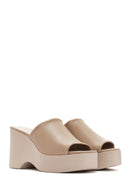 Women's Beige Wedge Heeled Leather Slippers | Derimod